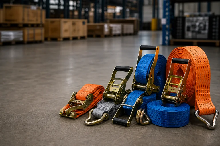 Cargo lashing belts and ratchet straps arranged in a warehouse setting