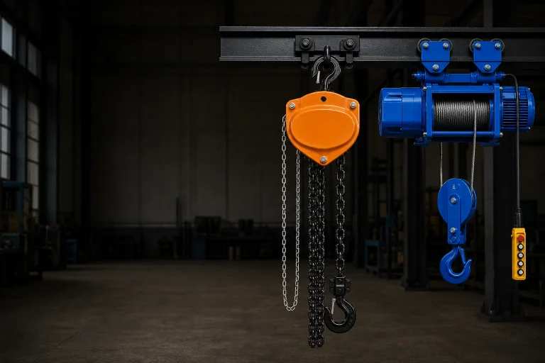Chain block and hoist equipment hanging in an industrial workshop