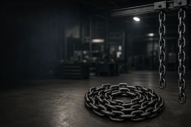 Industrial chains and lifting chains arranged in a workshop setting