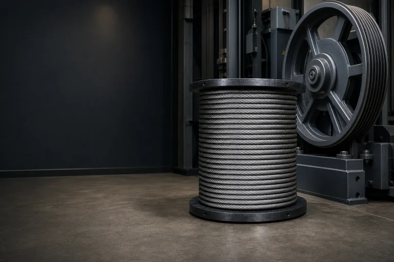 Elevator wire ropes arranged in an industrial lift maintenance setting