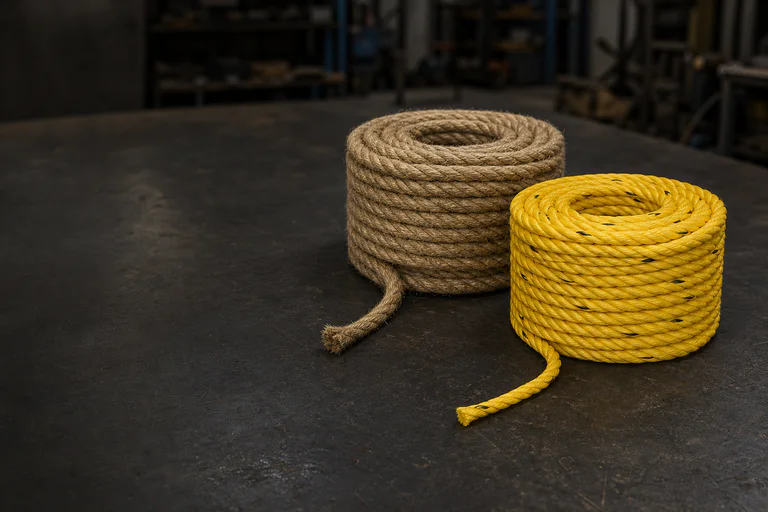 Coils of natural jute rope and yellow polypropylene rope