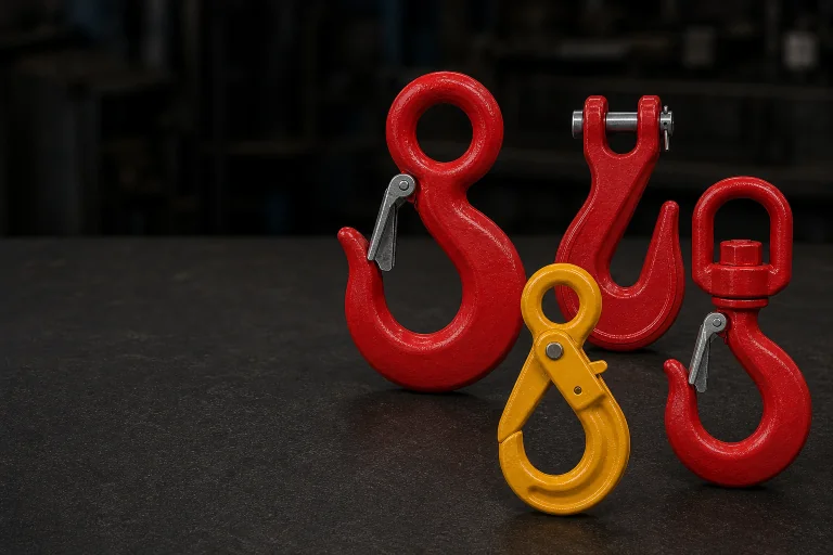 Eye hooks and grab hooks arranged in an industrial workshop setting