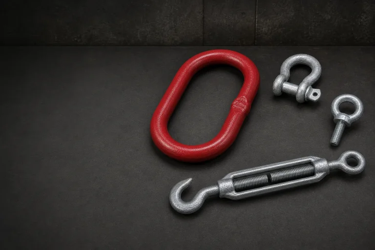 Shackles, wire rope clamps, eye bolts and master rings arranged in an industrial setting