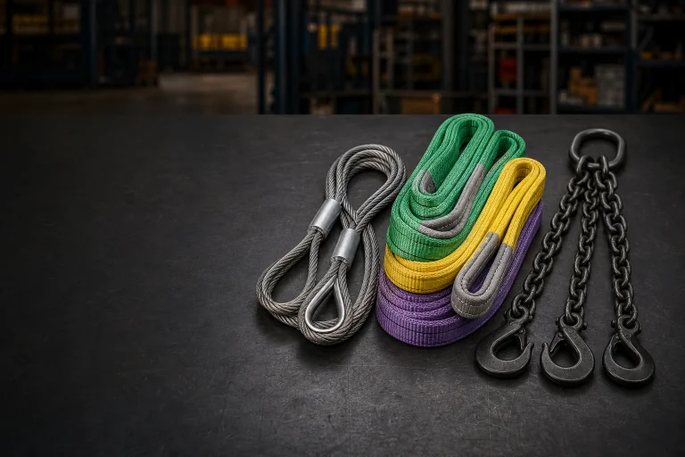 Wire rope sling, polyester webbing sling and chain sling arranged in an industrial setting