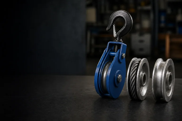 Grooved wire rope pulley wheels with central bearings in industrial finishes