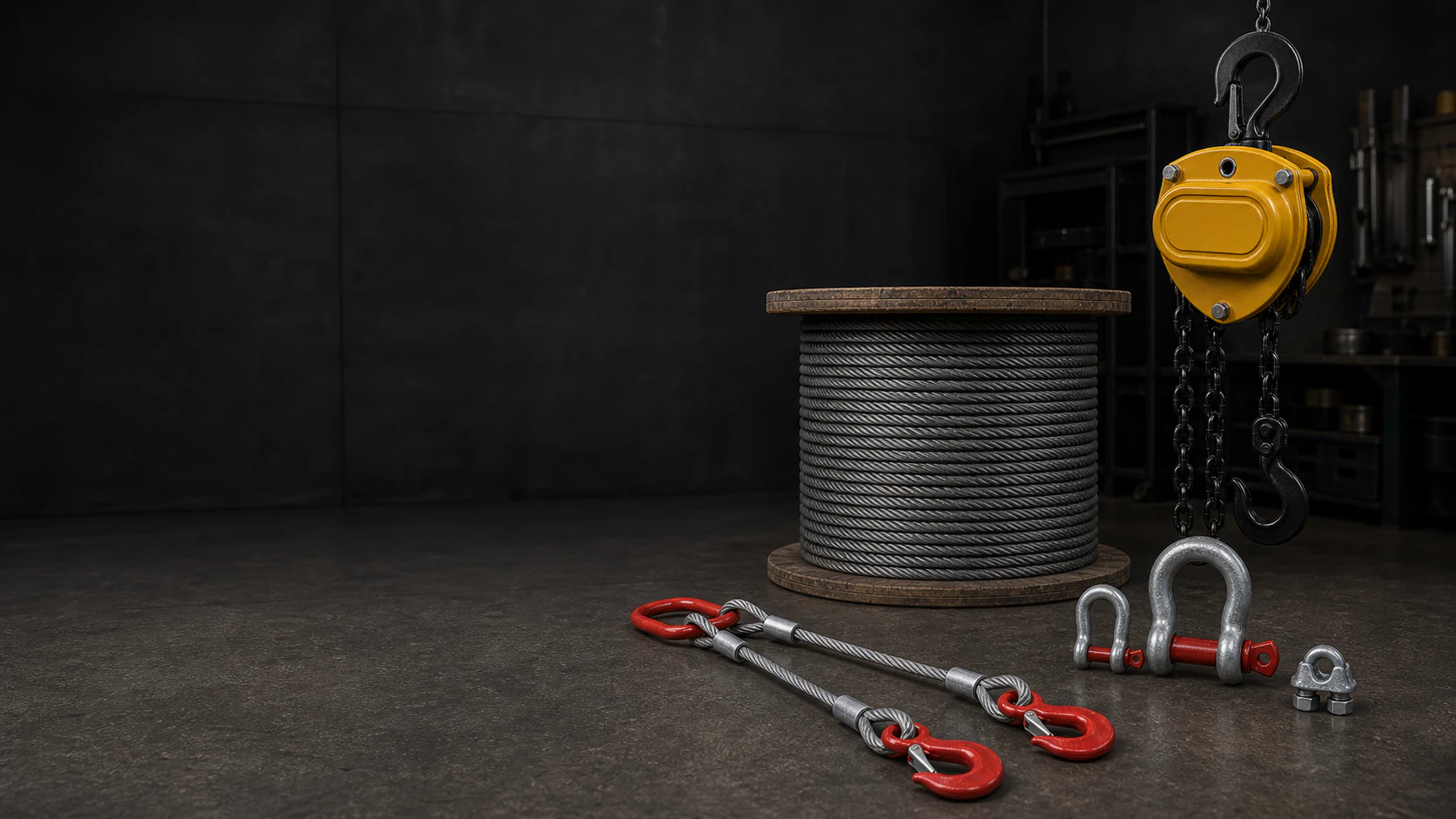 Wire ropes, a Chain Block, Wire Rope Slings, shackles and lifting accessories arranged in an industrial workshop