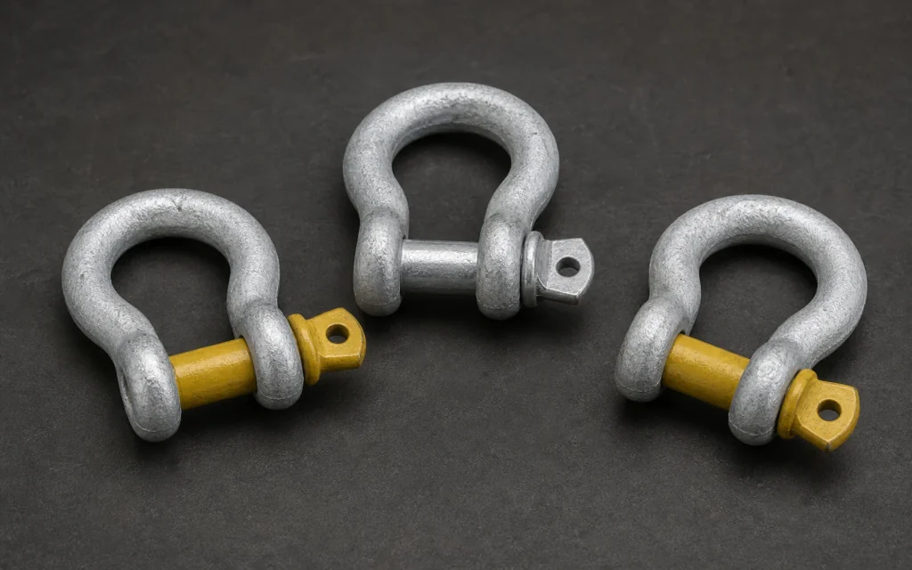 Silver bow shackles with wide profiles and yellow screw pins