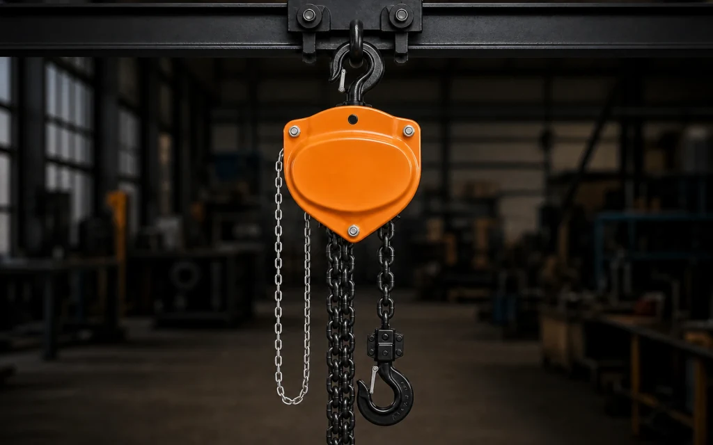 Yellow manual chain block suspended from a trolley with separate silver hand chain and black lifting chain