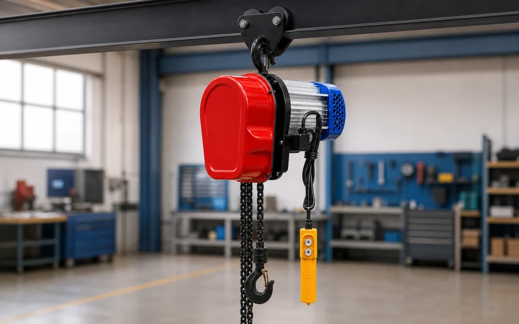 Red electric chain hoist with silver motor, blue end cap, yellow pendant and load hook