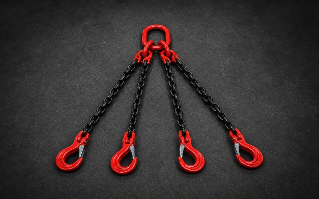 Four-leg lifting chain sling with master ring and safety hooks