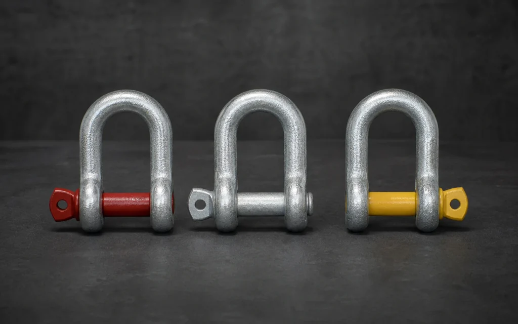 Silver D-shackles with red screw pins