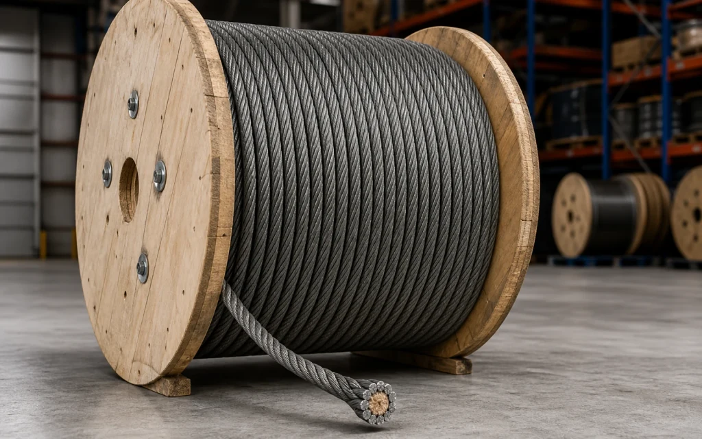 Fibre core wire rope on a wooden reel with a visible fibre-core cut end
