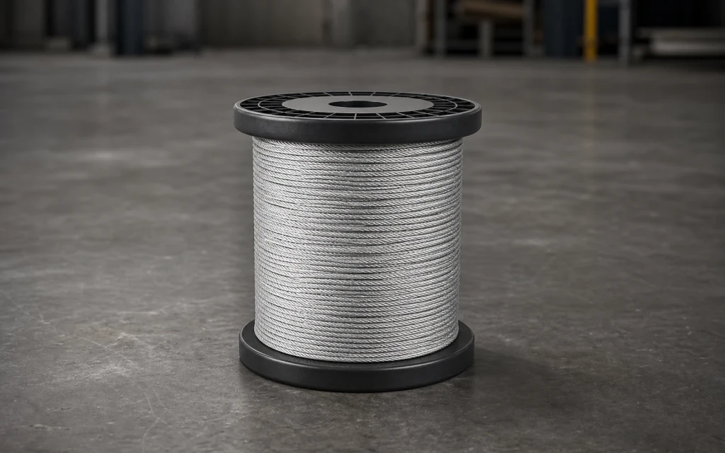 Galvanised Wire Rope wound on a compact dark industrial reel