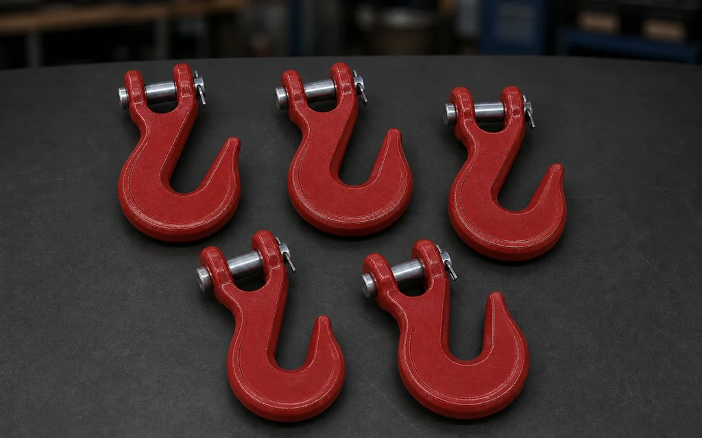 Red grab hooks with transverse attachment pins
