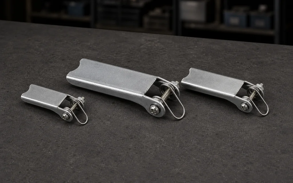 Three silver hook safety latch replacement components in small, large, and medium sizes with pivot fastenings and wire retainers