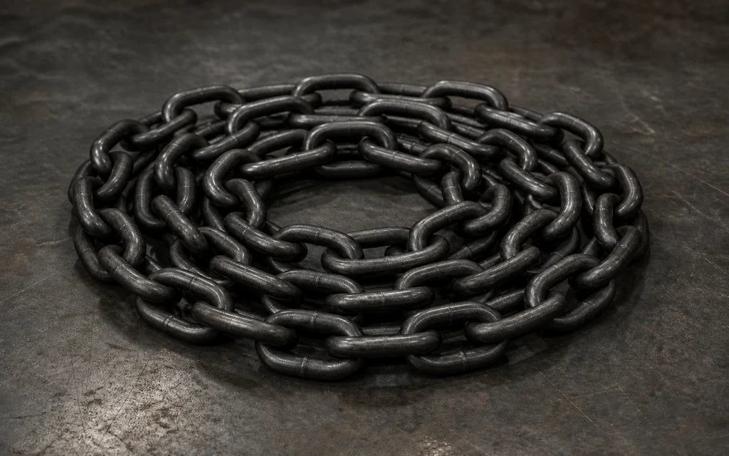 Black industrial chain coiled on a workshop bench