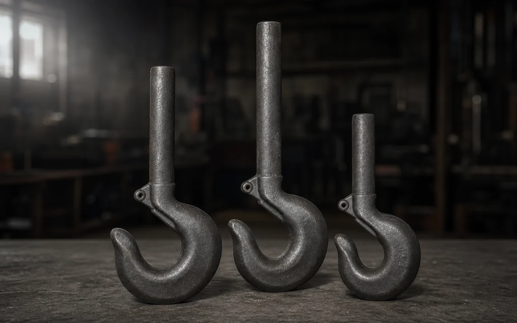 Three forged long shank crane hooks with different shank lengths and open hook throats