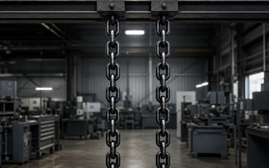 Black alloy-steel lifting chain arranged on a workshop surface