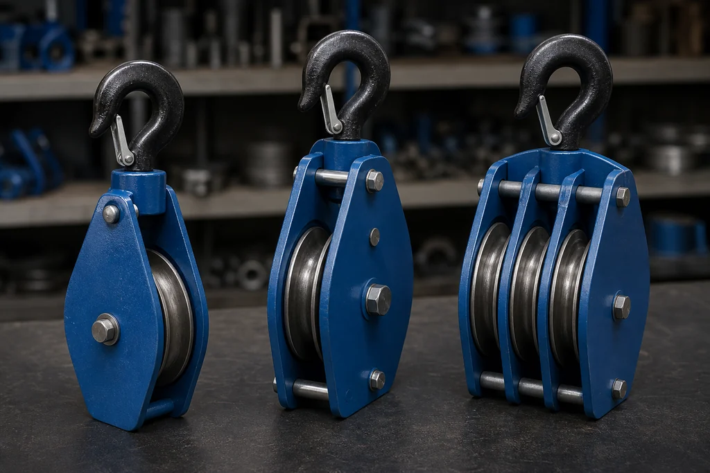 Blue Manila rope pulley blocks with black hooks and grooved sheaves