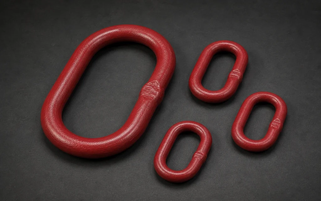 Red forged oblong master rings in large and smaller lifting-hardware sizes