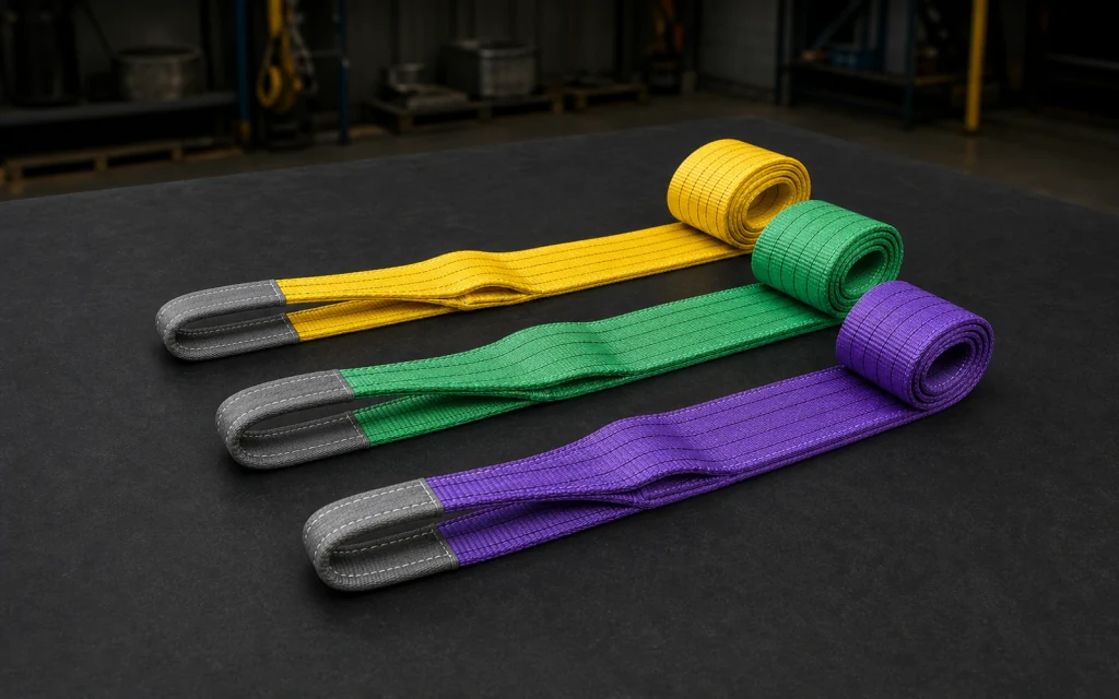 Coloured polyester webbing slings with reinforced eye loops