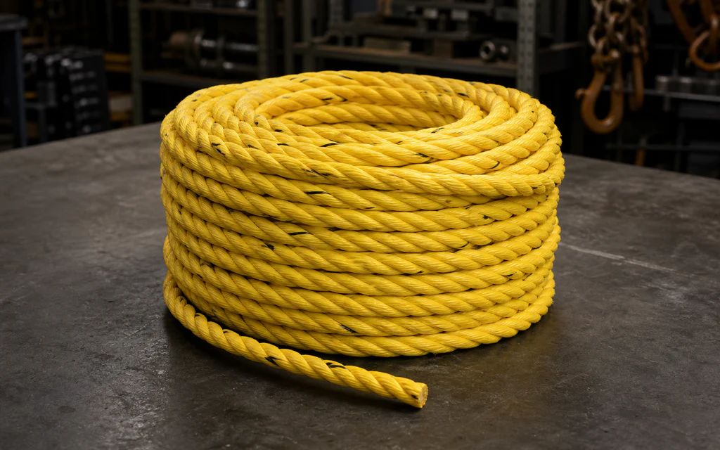 Yellow polypropylene rope coiled for packing, tying and bundling