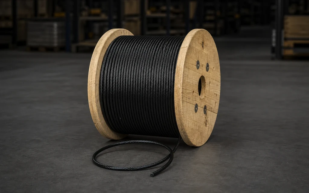 PVC-coated wire rope on a wooden reel with coating visible in an industrial warehouse