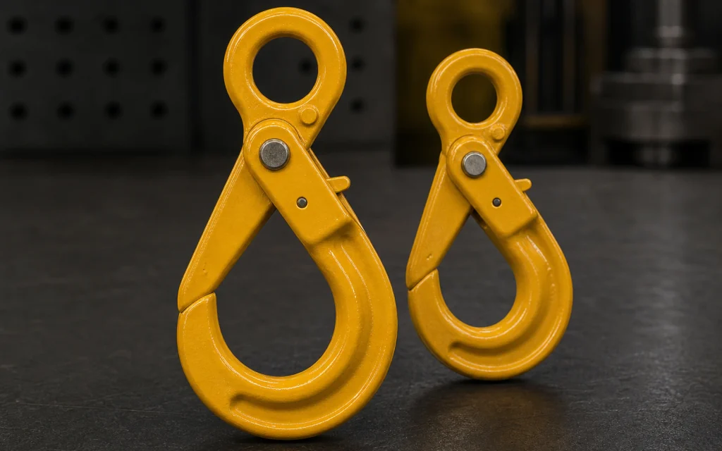 Yellow safety lock hooks for lifting and rigging applications