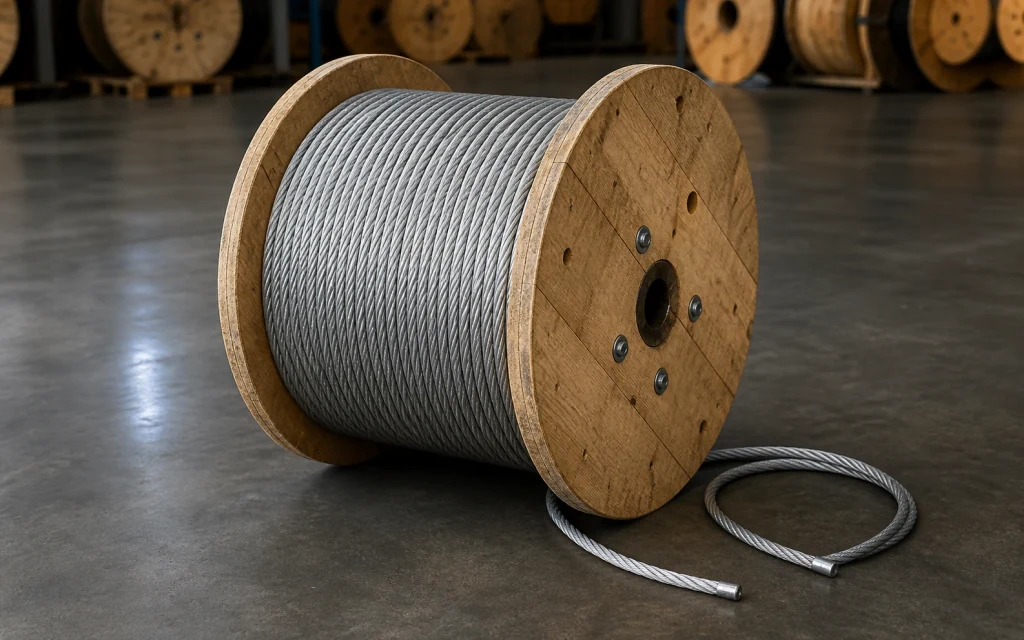 Steel core wire rope wound on a wooden reel in an industrial warehouse