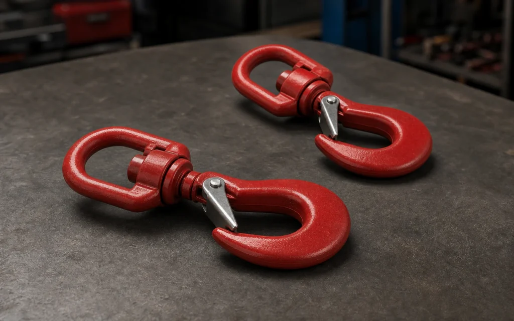 Red forged swivel hooks with visible rotating connectors and safety latches