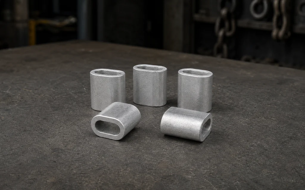 Five silver wire rope ferrules in varying positions