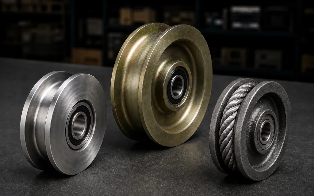 Grooved wire rope pulley wheels with central bearings in industrial finishes