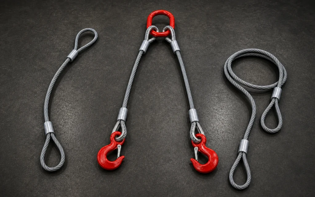Two-leg wire rope sling with a master ring, ferrules and safety hooks