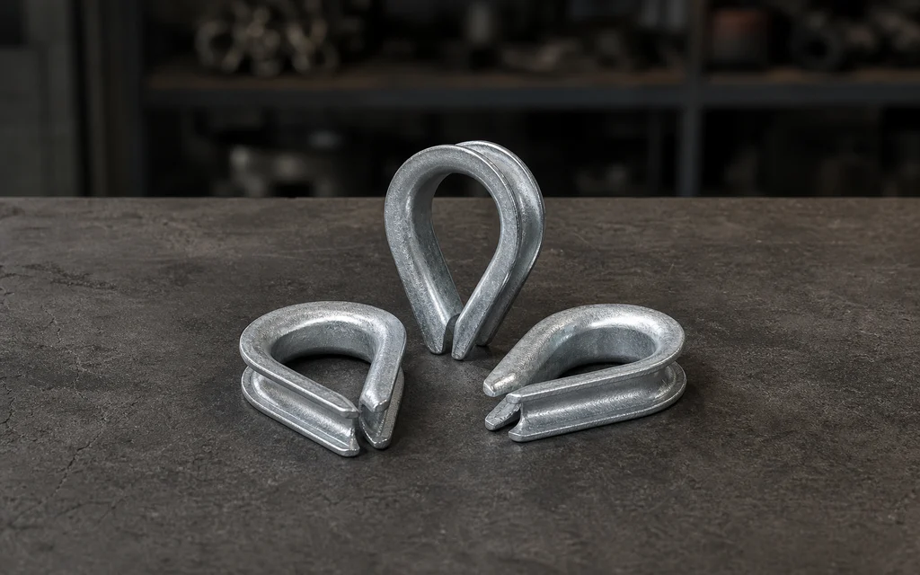 Three galvanized wire rope thimbles in varying positions