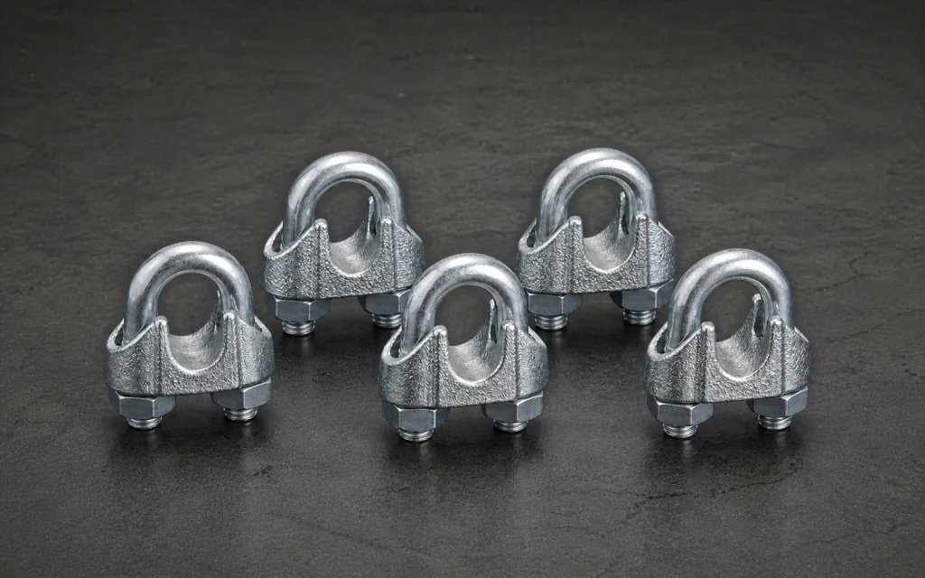 Galvanised wire rope U-clamps with threaded U-bolts and saddles